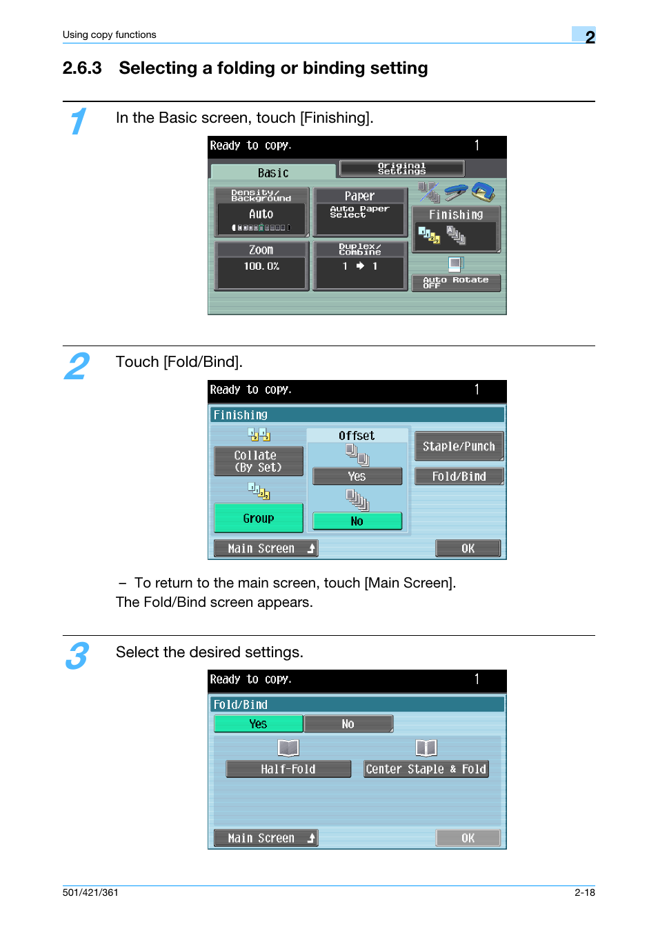 3 selecting a folding or binding setting, 3 selecting a folding or binding setting -18 | Konica Minolta bizhub 421 User Manual | Page 45 / 103