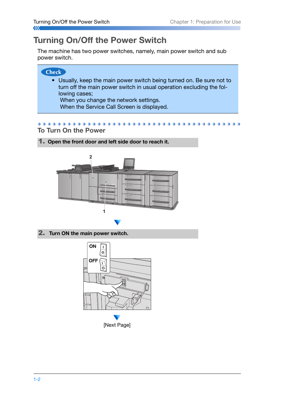 Turning on/off the power switch, To turn on the power, Turning on/off the power switch -2 | To turn on the power -2 | Konica Minolta bizhub PRO 1200 User Manual | Page 12 / 134