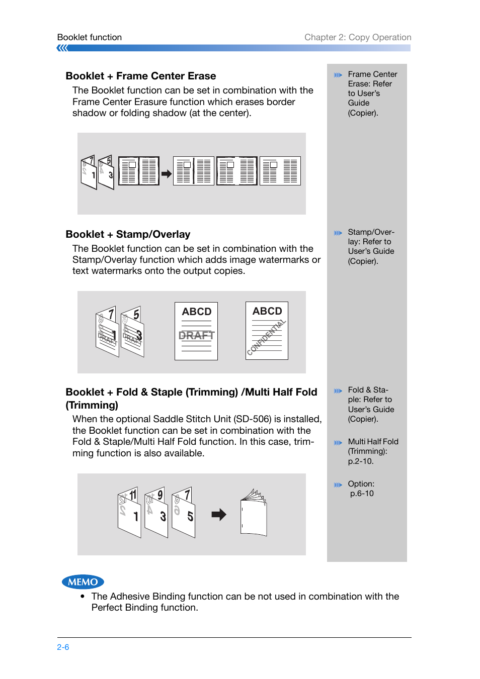 Draft, Booklet + frame center erase, Booklet + stamp/overlay | Abcd | Konica Minolta bizhub PRO 1200 User Manual | Page 40 / 134