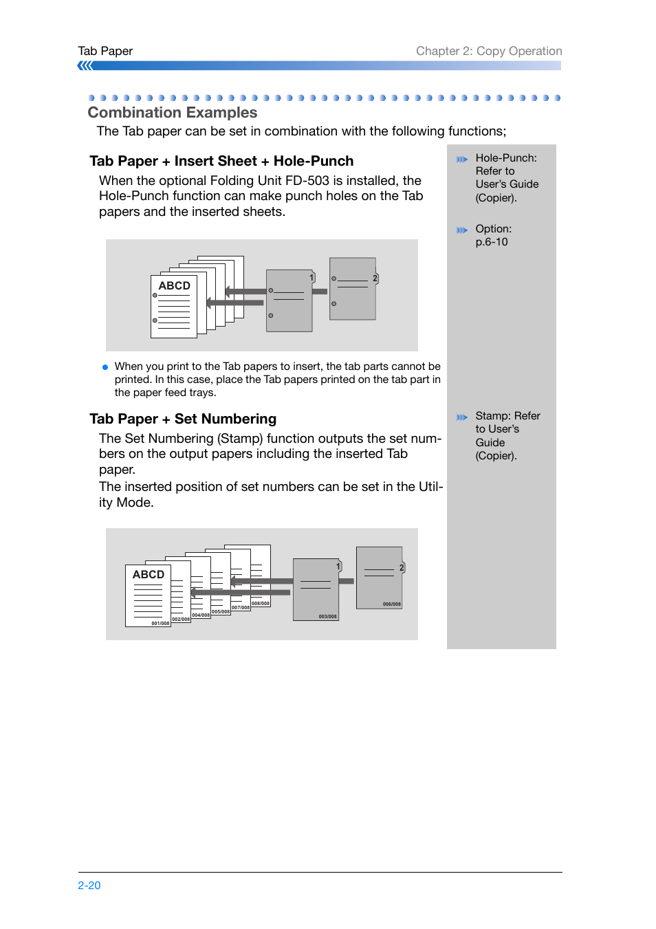 Combination examples, Combination examples -20, Tab paper + insert sheet + hole-punch | Tab paper + set numbering, Tab paper chapter 2: copy operation | Konica Minolta bizhub PRO 1200 User Manual | Page 54 / 134