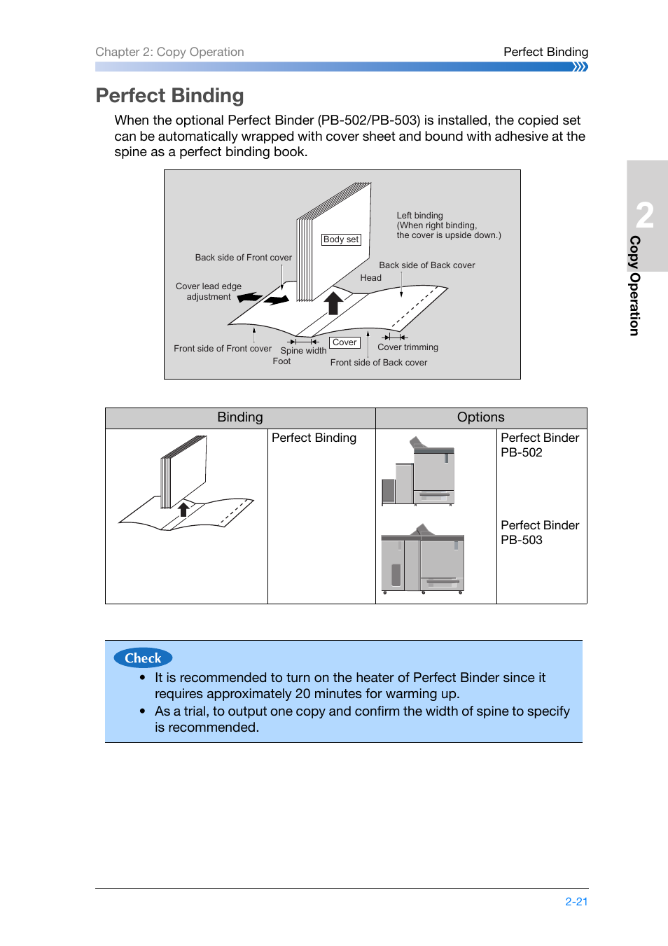 Perfect binding, Perfect binding -21, Copy: p.2-21 | Konica Minolta bizhub PRO 1200 User Manual | Page 55 / 134