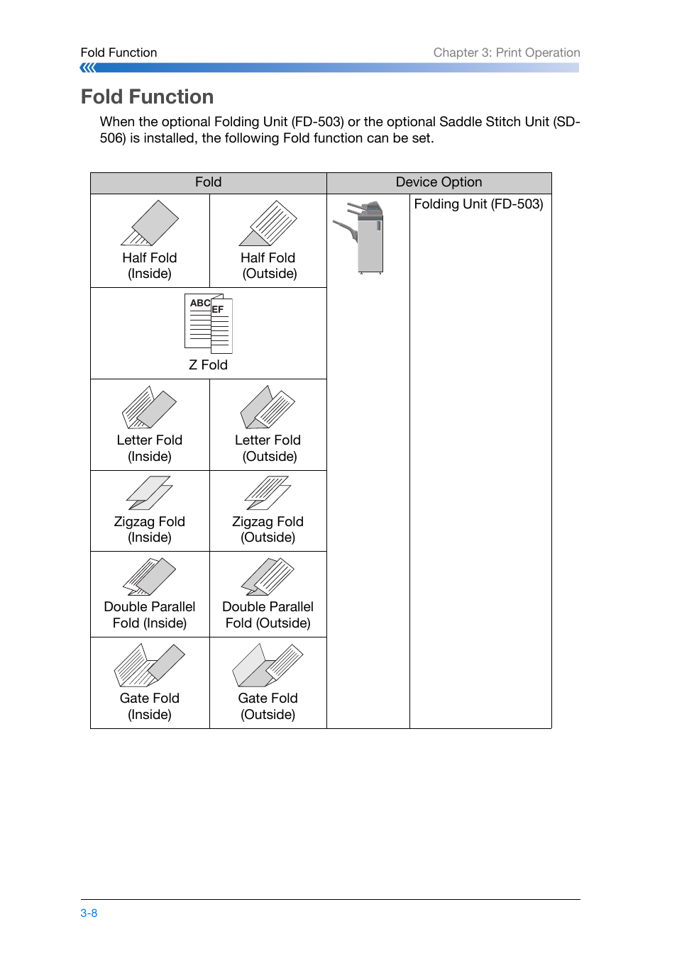 Fold function, Fold function -8, Printer: p.3-8 | Konica Minolta bizhub PRO 1200 User Manual | Page 68 / 134