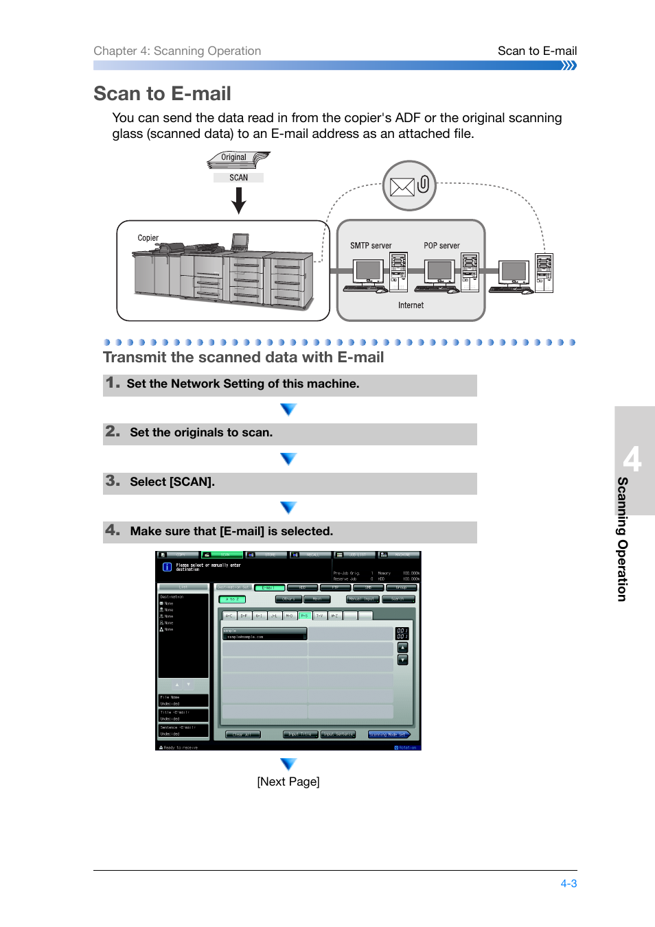 Scan to e-mail, Transmit the scanned data with e-mail, Scan to e-mail -3 | Transmit the scanned data with e-mail -3, P.4-3 | Konica Minolta bizhub PRO 1200 User Manual | Page 85 / 134