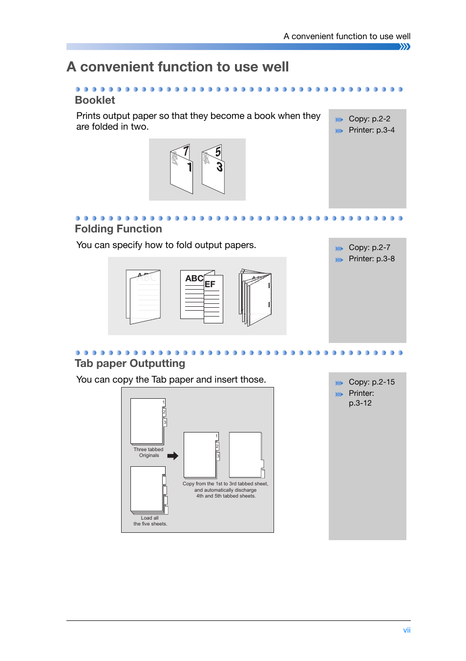 A convenient function to use well, Ab abc abc, Booklet | Folding function, Tab paper outputting, Ab abc abc abc abc abc abc | Konica Minolta bizhub PRO 1200 User Manual | Page 9 / 134