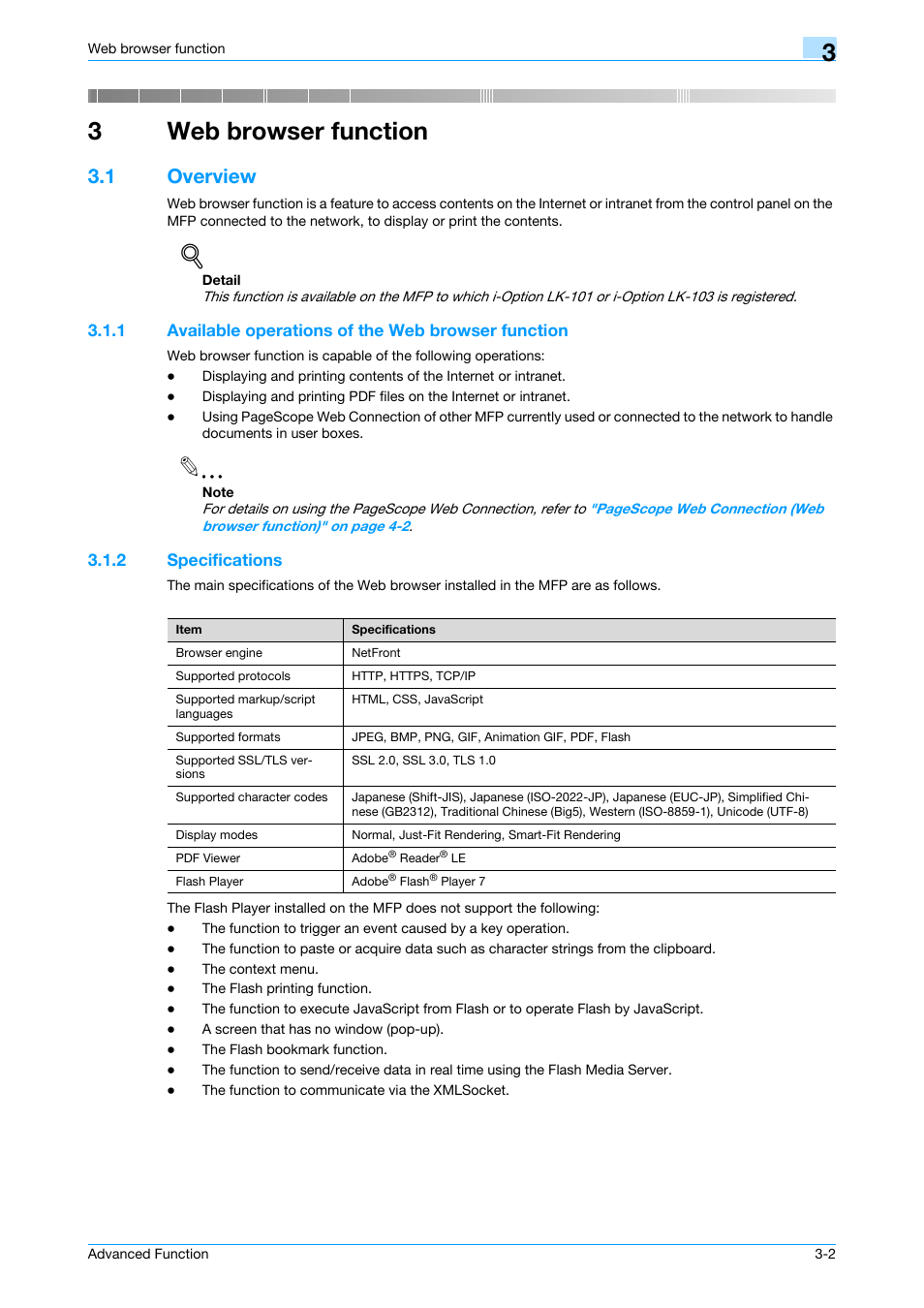 3 web browser function, 1 overview, 1 available operations of the web browser function | 2 specifications, Web browser function, Overview -2, Specifications -2, Chapter 3 web browser function, 3web browser function | Konica Minolta bizhub 751 User Manual | Page 16 / 84