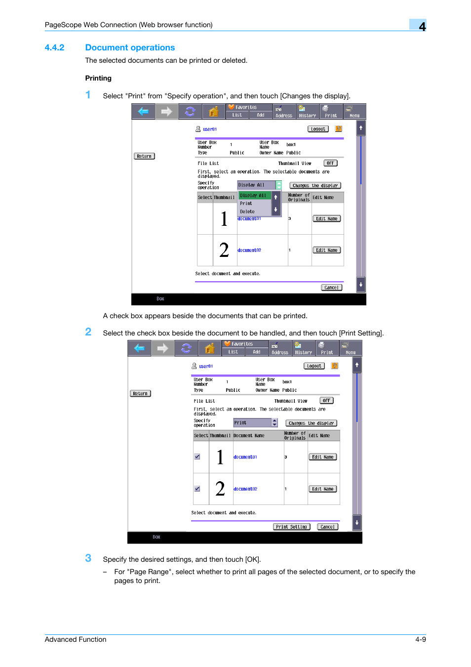 2 document operations, Printing, Document operations -9 printing -9 | Konica Minolta bizhub 751 User Manual | Page 34 / 84