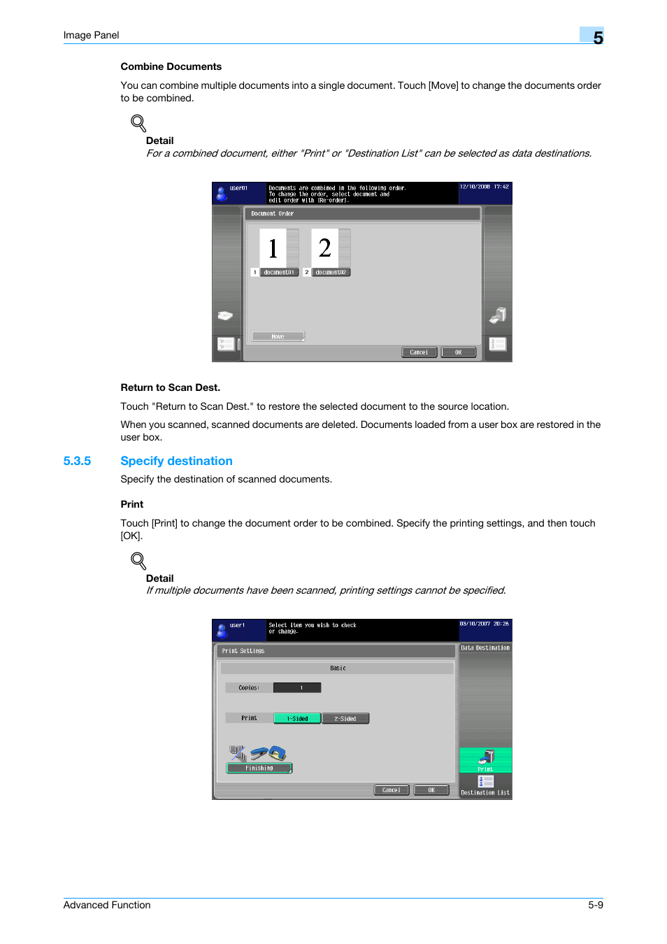 Combine documents, Return to scan dest, 5 specify destination | Print, Combine documents -9 return to scan dest -9, Specify destination -9 print -9 | Konica Minolta bizhub 751 User Manual | Page 45 / 84