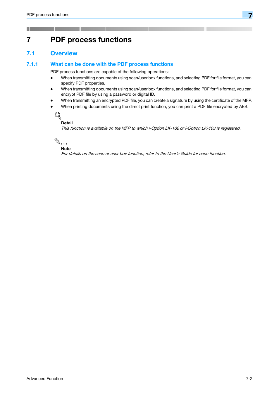 7 pdf process functions, 1 overview, 1 what can be done with the pdf process functions | Pdf process functions, Overview -2, What can be done with the pdf process functions -2, 7pdf process functions | Konica Minolta bizhub 751 User Manual | Page 56 / 84