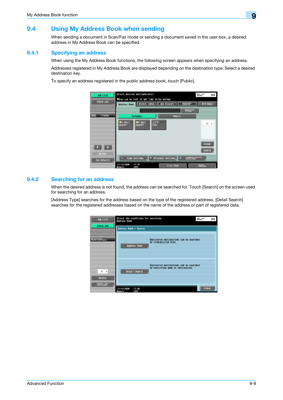 4 using my address book when sending, 1 specifying an address, 2 searching for an address | Using my address book when sending -9, Specifying an address -9, Searching for an address -9 | Konica Minolta bizhub 751 User Manual | Page 80 / 84