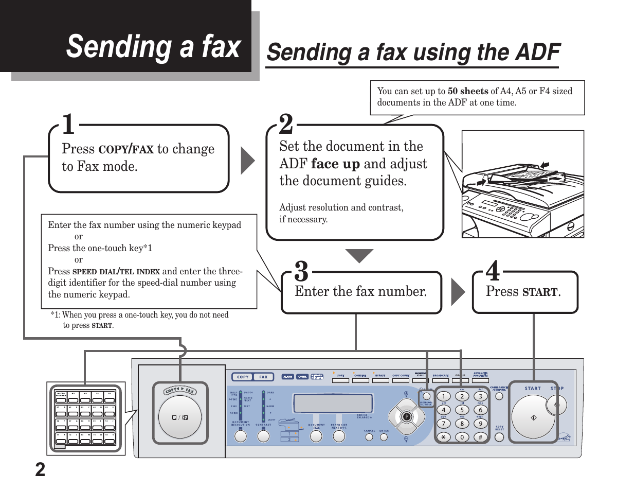 Sending a fax, Sending a fax using the adf, Enter the fax number | Press | Konica Minolta 7013 User Manual | Page 2 / 20