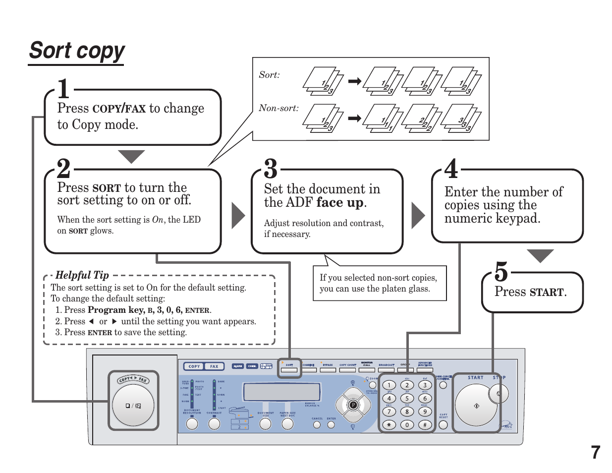 Sort copy, Press, Set the document in the adf face up | Konica Minolta 7013 User Manual | Page 7 / 20