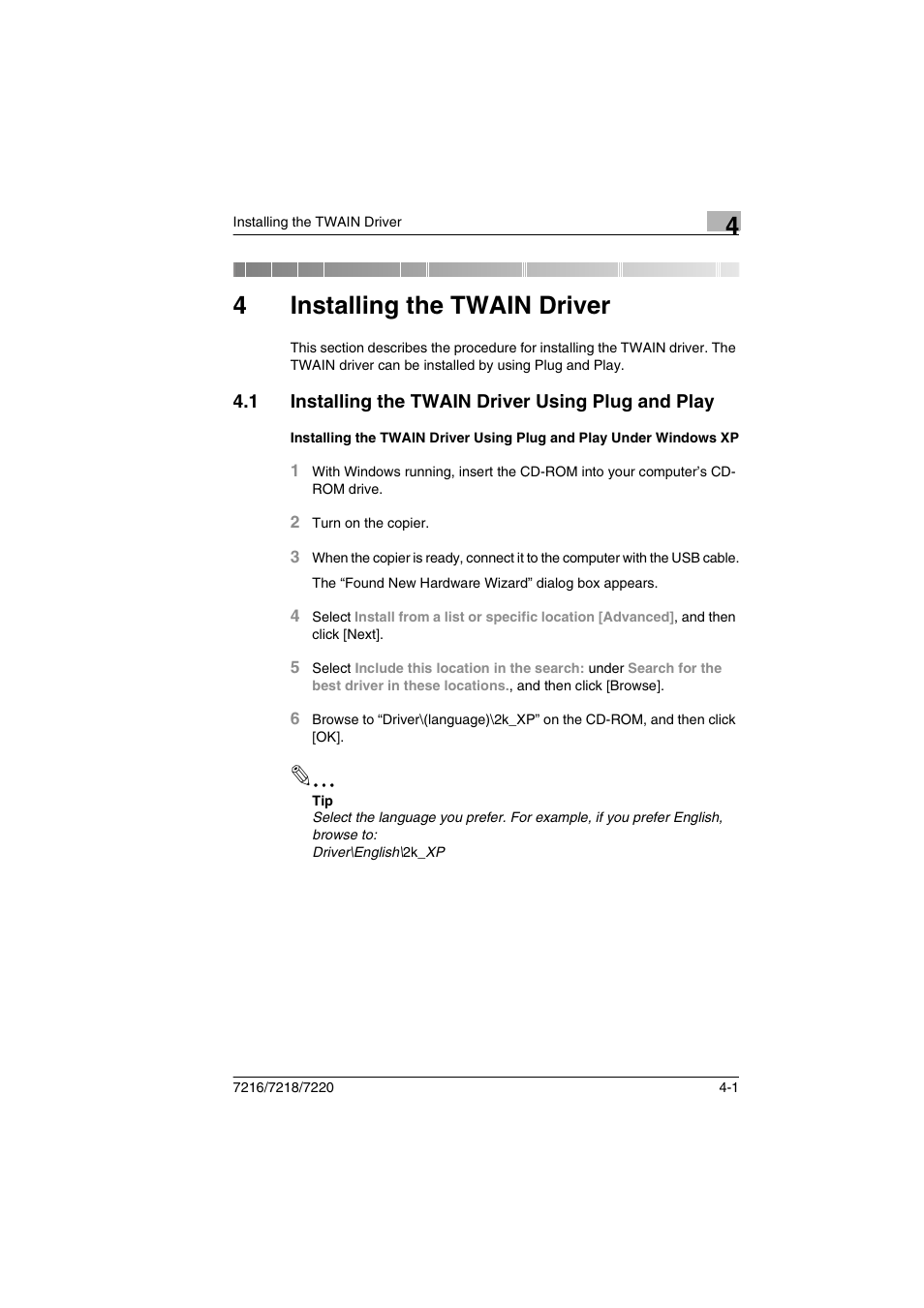 4 installing the twain driver, 1 installing the twain driver using plug and play, Installing the twain driver | Installing the twain driver using plug and play -1, 4installing the twain driver | Konica Minolta 8050 User Manual | Page 12 / 25