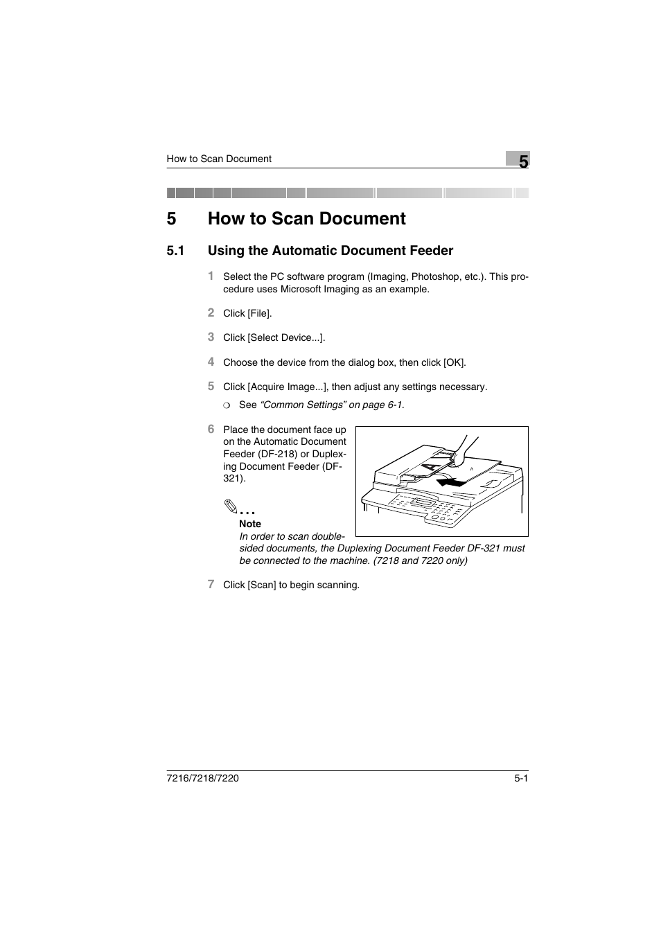 5 how to scan document, 1 using the automatic document feeder, How to scan document | Using the automatic document feeder -1, 5how to scan document | Konica Minolta 8050 User Manual | Page 16 / 25