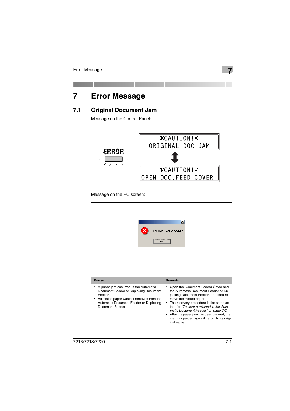 7 error message, 1 original document jam, Error message | Original document jam -1, 7error message | Konica Minolta 8050 User Manual | Page 20 / 25