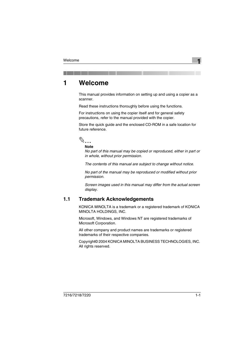 1 welcome, 1 trademark acknowledgements, Welcome | Trademark acknowledgements -1, 1welcome | Konica Minolta 8050 User Manual | Page 6 / 25