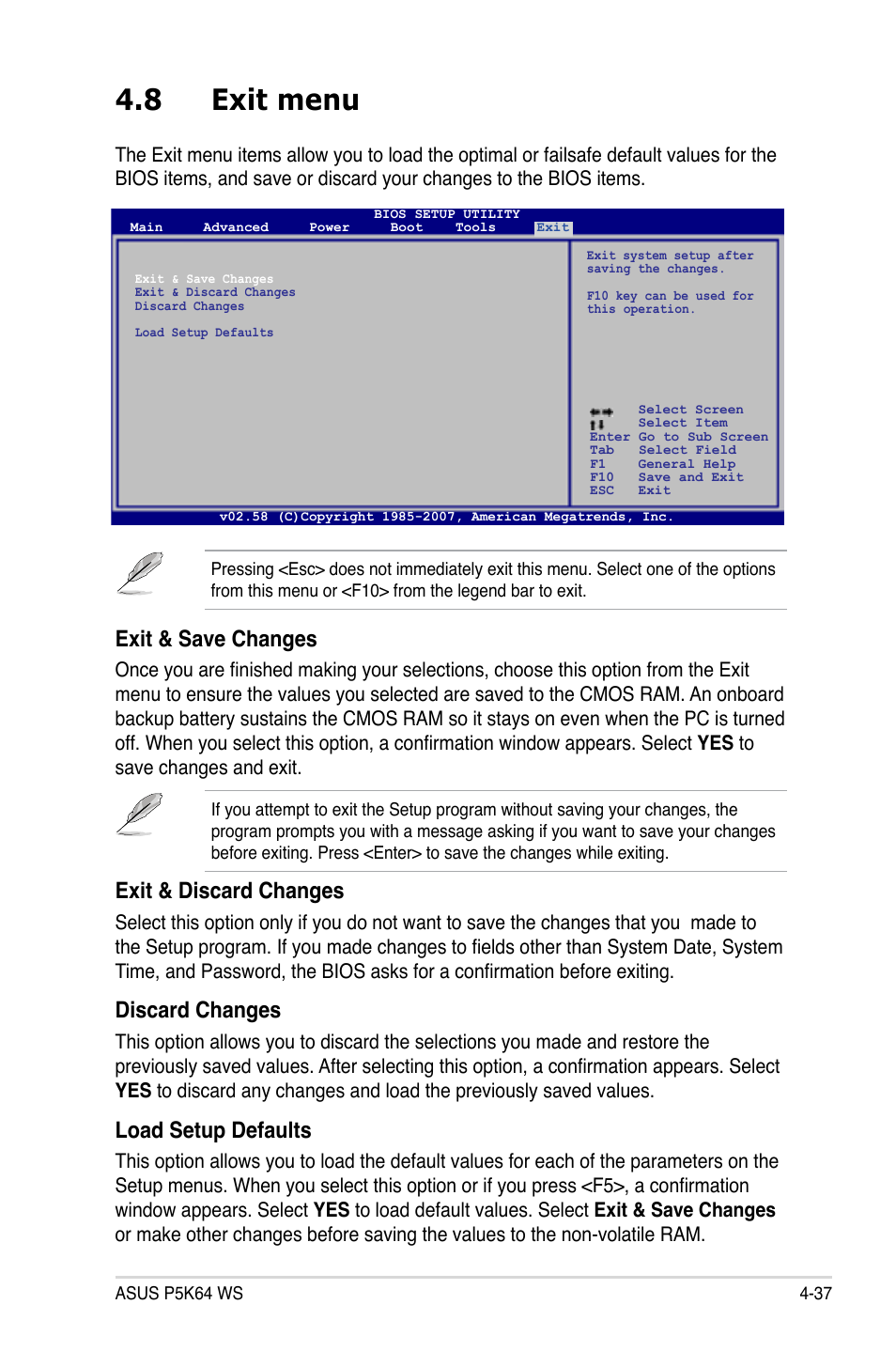 8 exit menu, Exit & save changes, Exit & discard changes | Discard changes, Load setup defaults | Asus P5K64 WS User Manual | Page 101 / 164