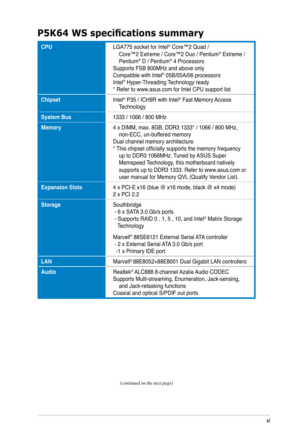 P5k64 ws specifications summary | Asus P5K64 WS User Manual | Page 11 / 164