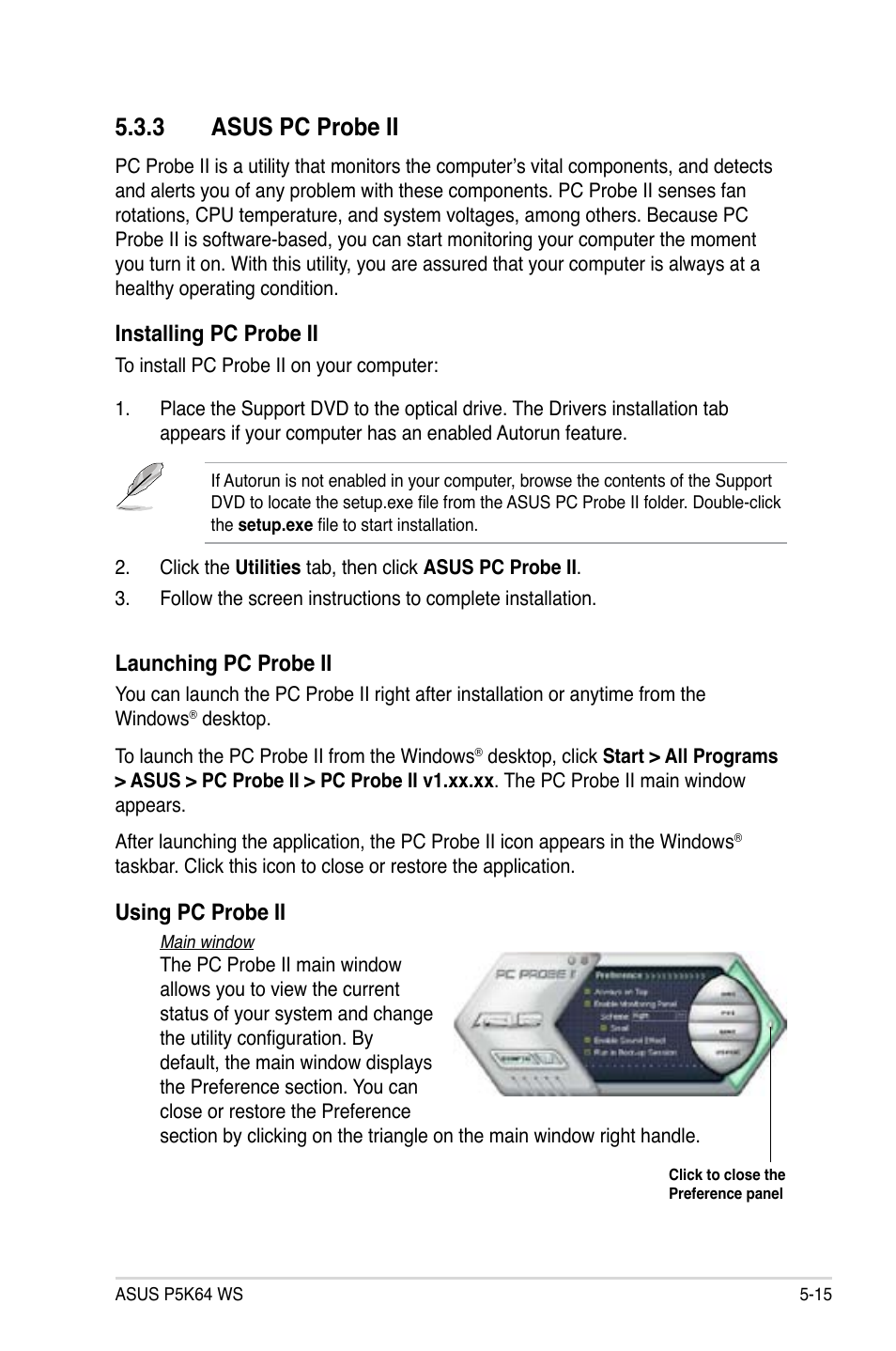 3 asus pc probe ii, Installing pc probe ii, Launching pc probe ii | Using pc probe ii | Asus P5K64 WS User Manual | Page 119 / 164