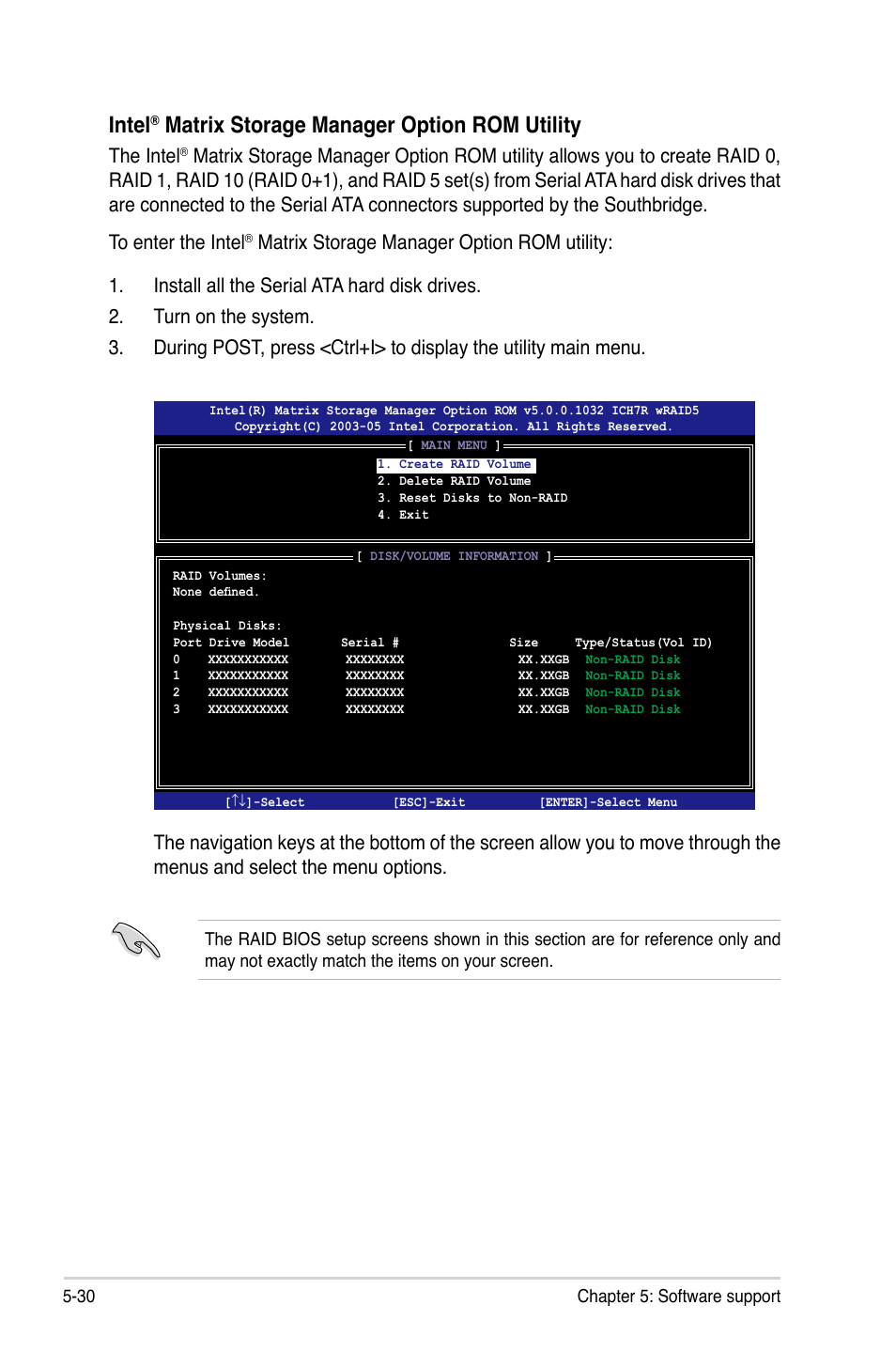 Intel, Matrix storage manager option rom utility, The intel | Asus P5K64 WS User Manual | Page 134 / 164