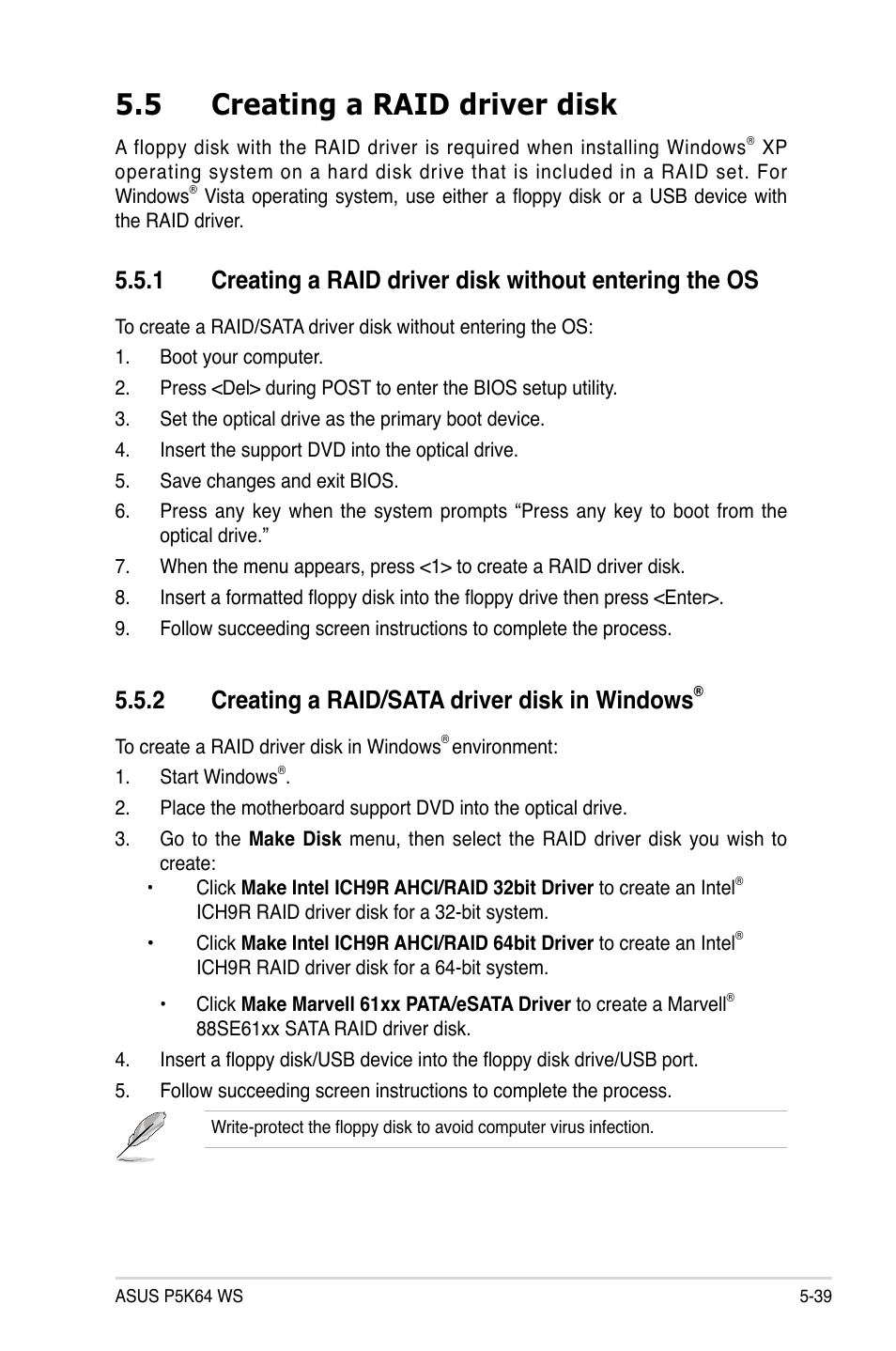 5 creating a raid driver disk, 2 creating a raid/sata driver disk in windows | Asus P5K64 WS User Manual | Page 143 / 164