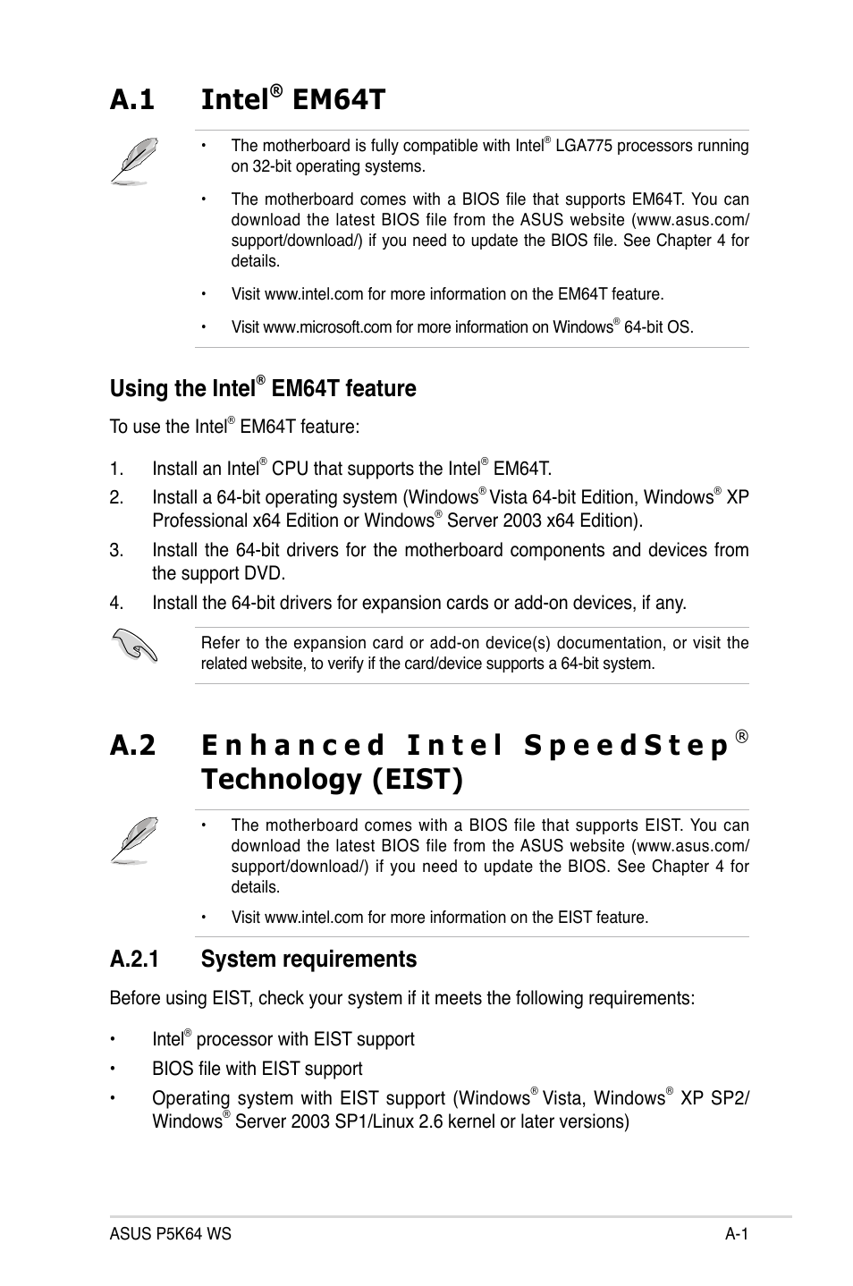 A.1 intel, Em64t, Technology (eist) | Using the intel, Em64t feature, A.2.1 system requirements | Asus P5K64 WS User Manual | Page 161 / 164