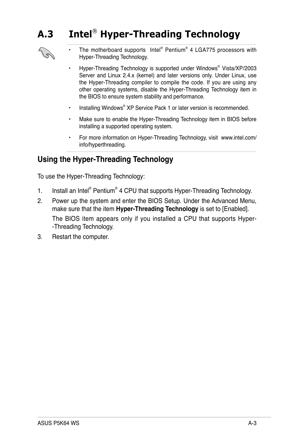 A.3 intel, Hyper-threading technology, Using the hyper-threading technology | Asus P5K64 WS User Manual | Page 163 / 164