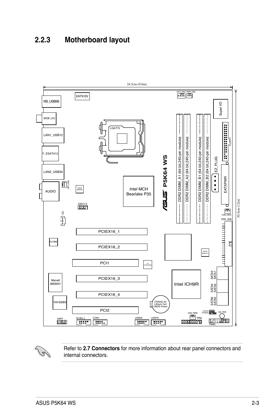 3 motherboard layout, P5k64 ws, Intel ich9r | Intel mch bearlake p35 | Asus P5K64 WS User Manual | Page 29 / 164