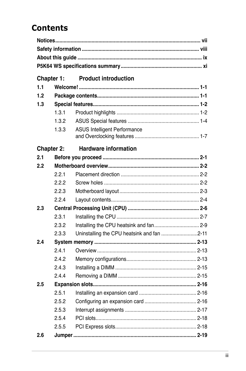 Asus P5K64 WS User Manual | Page 3 / 164