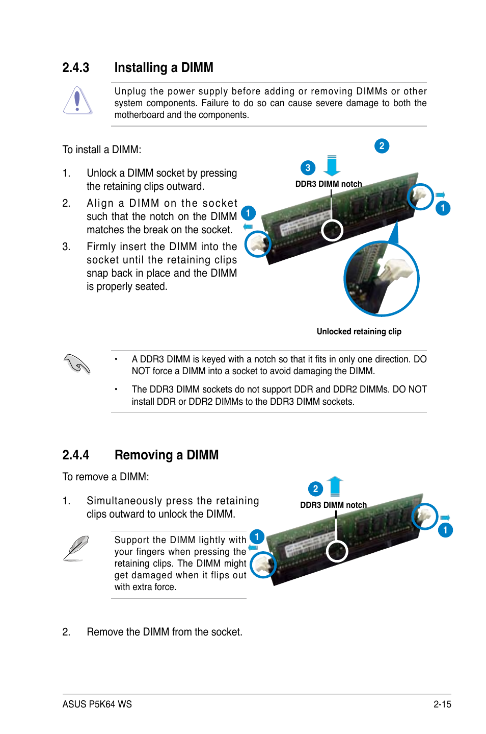 3 installing a dimm, 4 removing a dimm | Asus P5K64 WS User Manual | Page 41 / 164