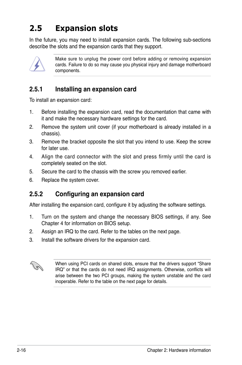 5 expansion slots, 1 installing an expansion card, 2 configuring an expansion card | Asus P5K64 WS User Manual | Page 42 / 164