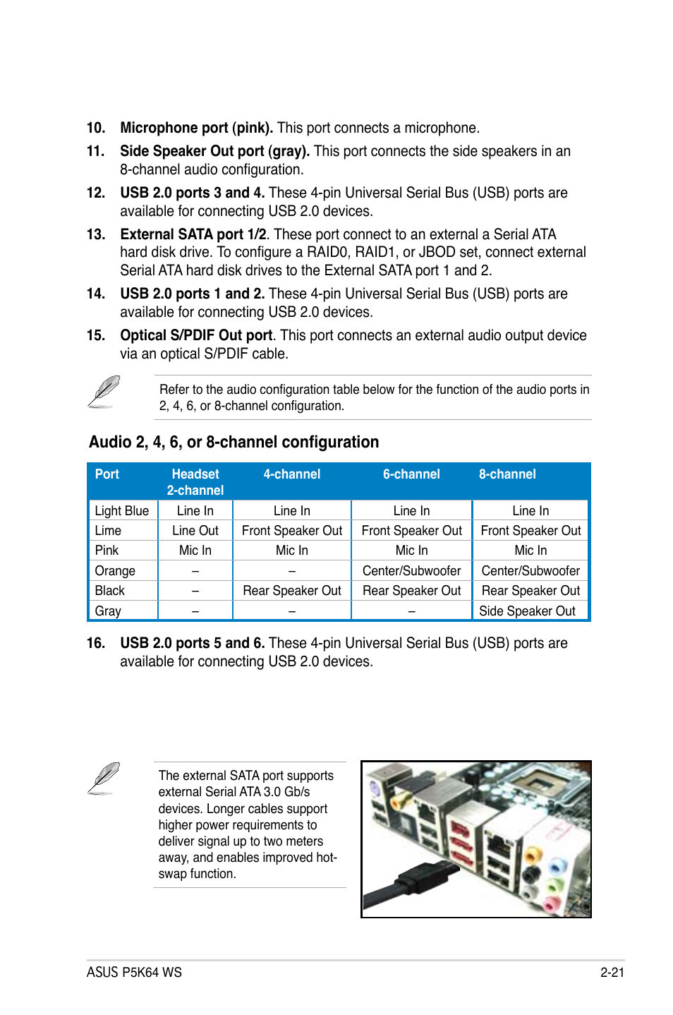 Audio 2, 4, 6, or 8-channel configuration | Asus P5K64 WS User Manual | Page 47 / 164