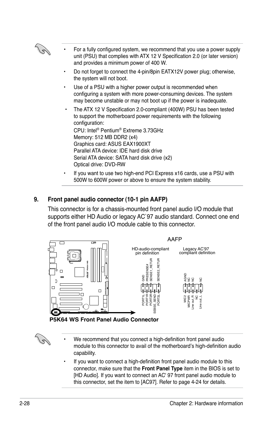 Pentium, P5k64 ws front panel audio connector, Aafp | Asus P5K64 WS User Manual | Page 54 / 164