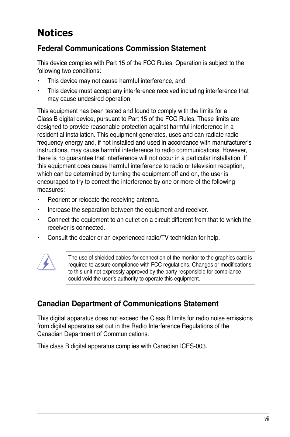Notices, Federal communications commission statement, Canadian department of communications statement | Asus P5K64 WS User Manual | Page 7 / 164
