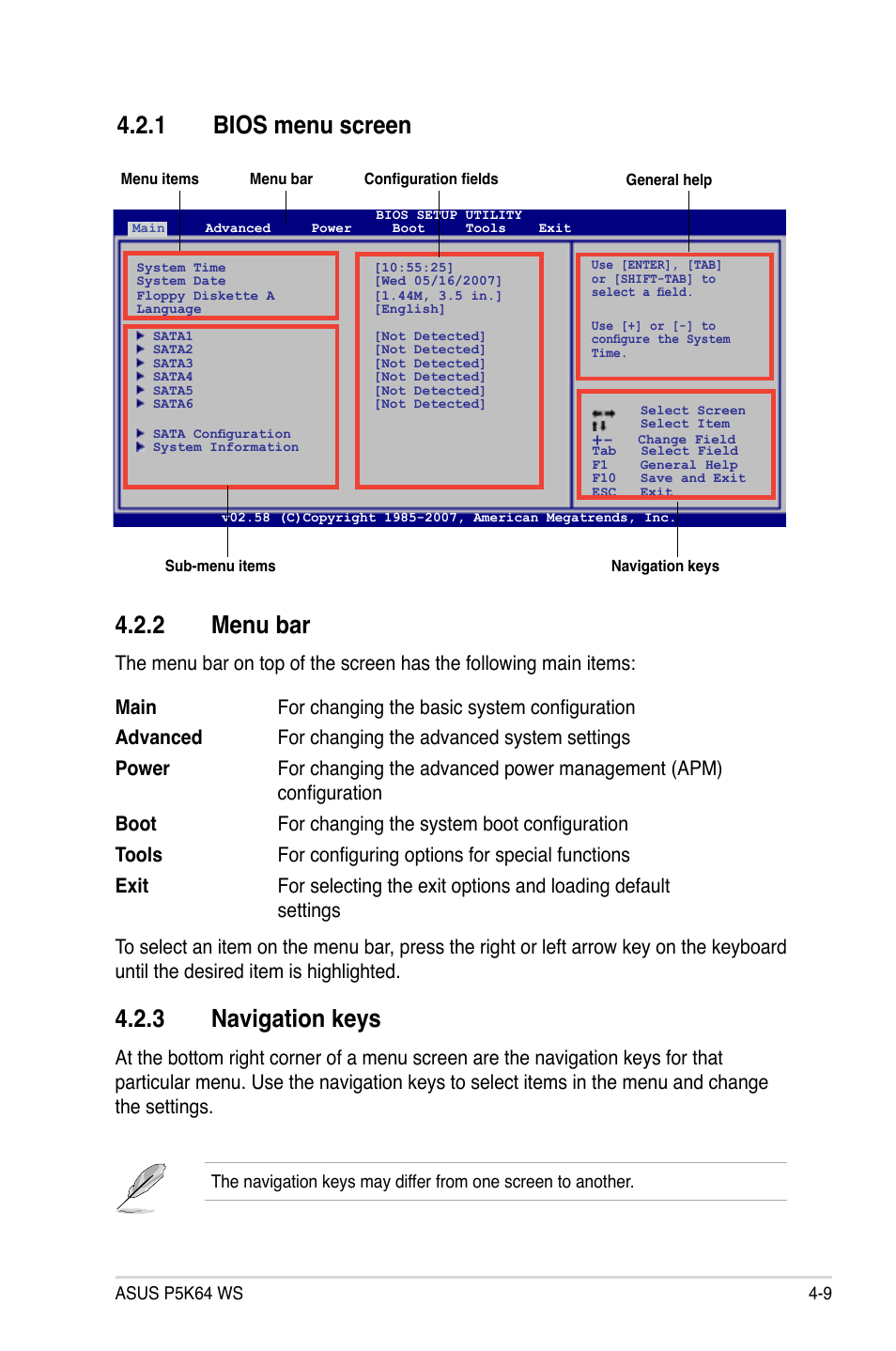 2 menu bar, 3 navigation keys, 1 bios menu screen | Asus P5K64 WS User Manual | Page 73 / 164