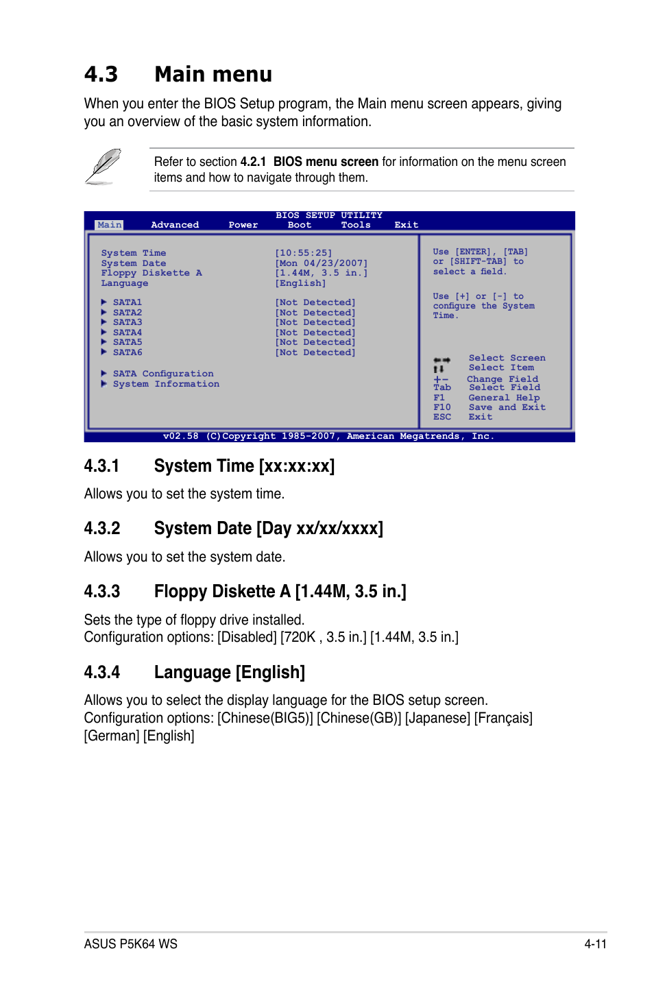 3 main menu, 1 system time [xx:xx:xx, 4 language [english | Allows you to set the system time, Allows you to set the system date | Asus P5K64 WS User Manual | Page 75 / 164