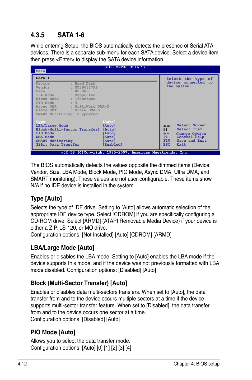 5 sata 1-6, Type [auto, Lba/large mode [auto | Block (multi-sector transfer) [auto, Pio mode [auto | Asus P5K64 WS User Manual | Page 76 / 164