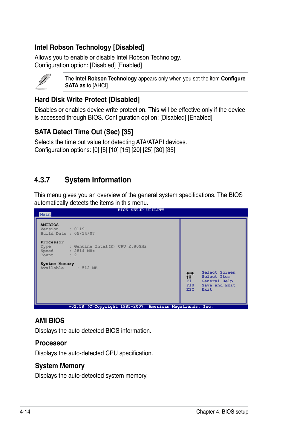 7 system information, Ami bios, Processor | Intel robson technology [disabled, Hard disk write protect [disabled, Sata detect time out (sec) [35 | Asus P5K64 WS User Manual | Page 78 / 164