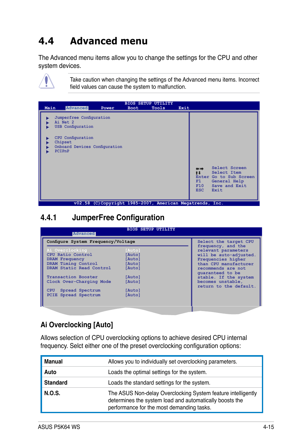 4 advanced menu, 1 jumperfree configuration, Ai overclocking [auto | Asus P5K64 WS User Manual | Page 79 / 164