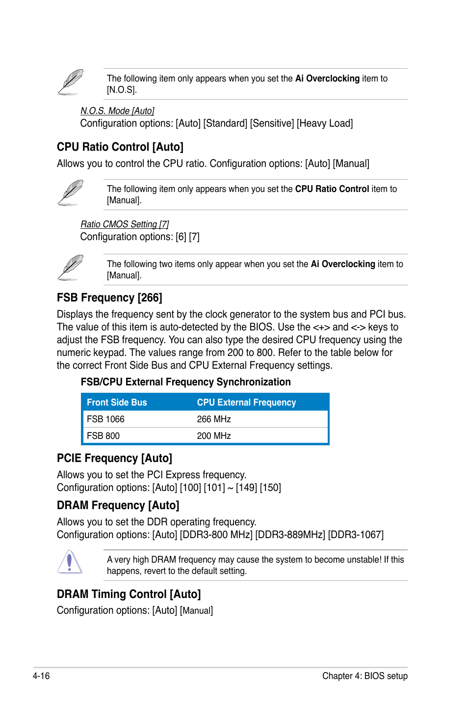 Fsb frequency [266, Dram frequency [auto, Cpu ratio control [auto | Pcie frequency [auto, Dram timing control [auto | Asus P5K64 WS User Manual | Page 80 / 164