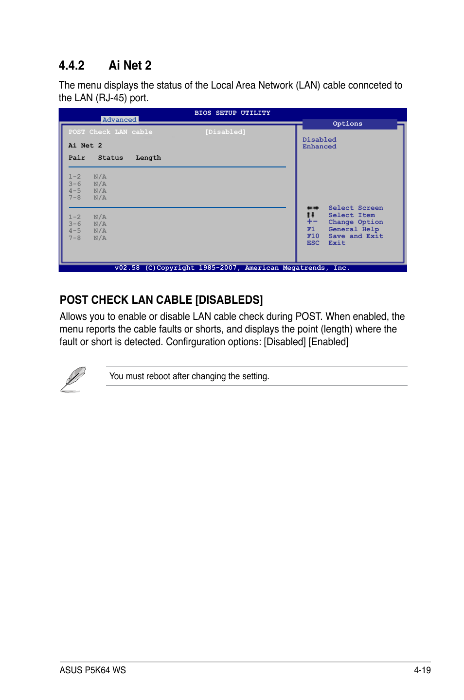 2 ai net 2, Post check lan cable [disableds | Asus P5K64 WS User Manual | Page 83 / 164