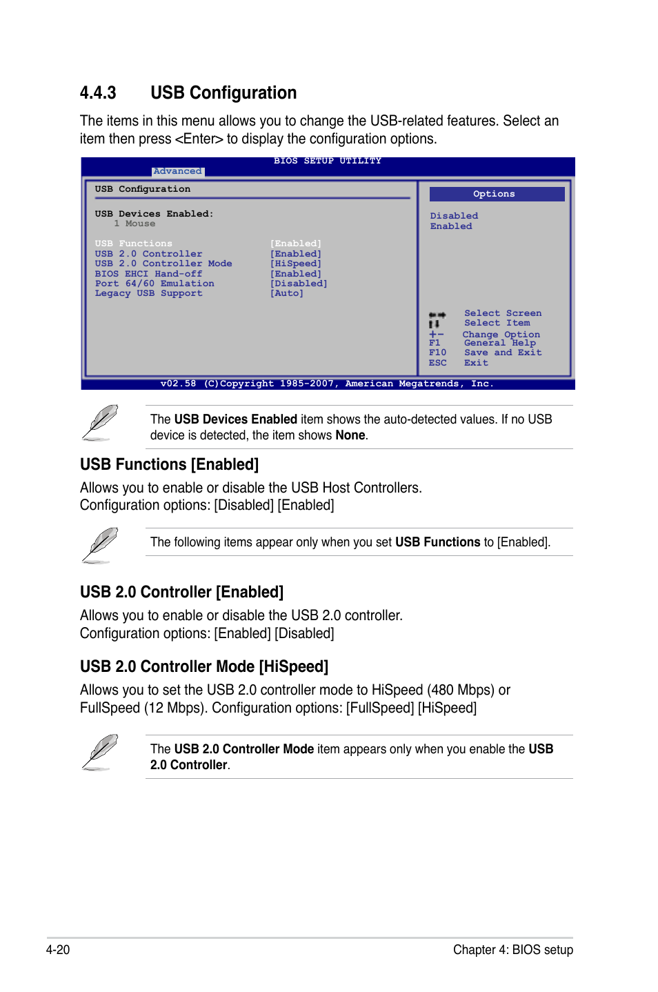 3 usb configuration, Usb 2.0 controller [enabled, Usb 2.0 controller mode [hispeed | Usb functions [enabled | Asus P5K64 WS User Manual | Page 84 / 164