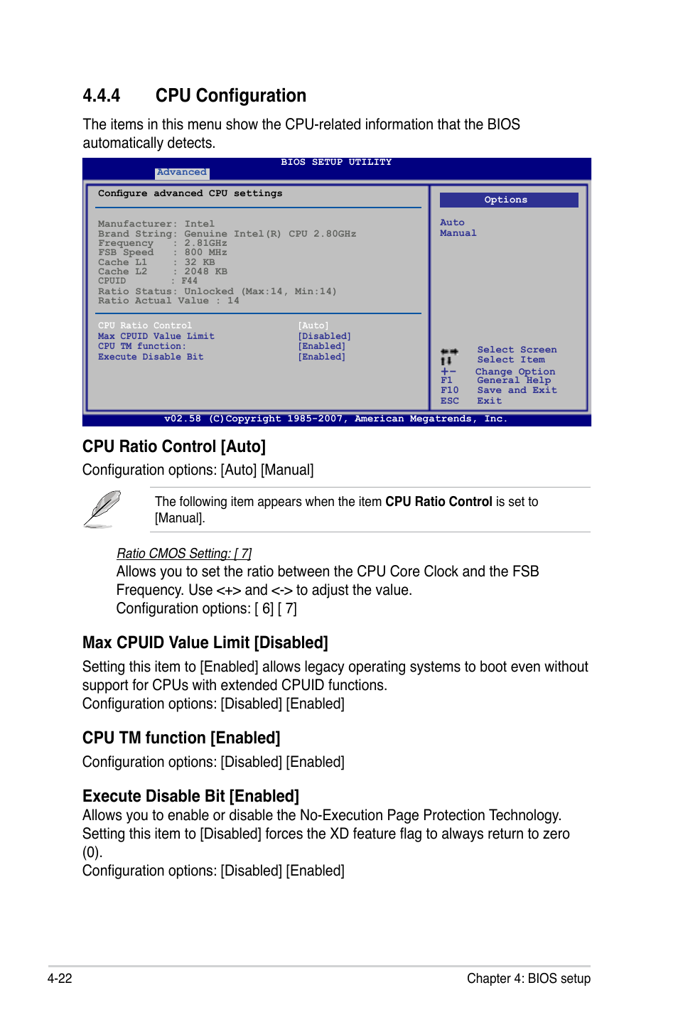 4 cpu configuration, Cpu ratio control [auto, Max cpuid value limit [disabled | Cpu tm function [enabled, Execute disable bit [enabled, Configuration options: [auto] [manual, Configuration options: [disabled] [enabled | Asus P5K64 WS User Manual | Page 86 / 164