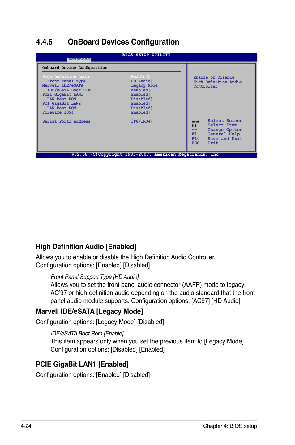 6 onboard devices configuration, High definition audio [enabled, Marvell ide/esata [legacy mode | Pcie gigabit lan1 [enabled, Configuration options: [legacy mode] [disabled, Configuration options: [enabled] [disabled | Asus P5K64 WS User Manual | Page 88 / 164