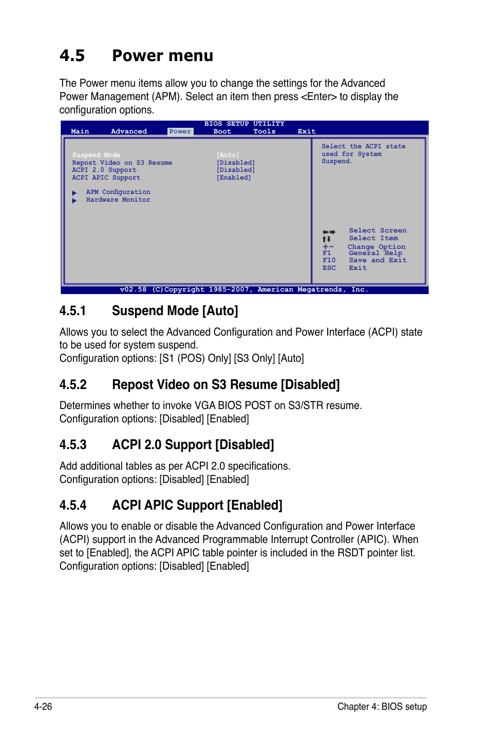 5 power menu, 1 suspend mode [auto, 2 repost video on s3 resume [disabled | 3 acpi 2.0 support [disabled, 4 acpi apic support [enabled | Asus P5K64 WS User Manual | Page 90 / 164