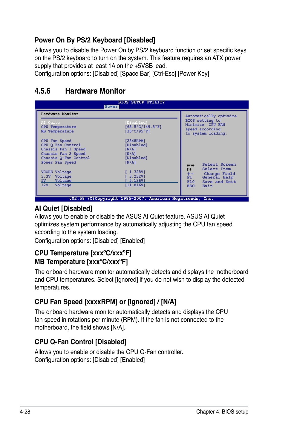 6 hardware monitor, Power on by ps/2 keyboard [disabled, Ai quiet [disabled | Cpu q-fan control [disabled | Asus P5K64 WS User Manual | Page 92 / 164