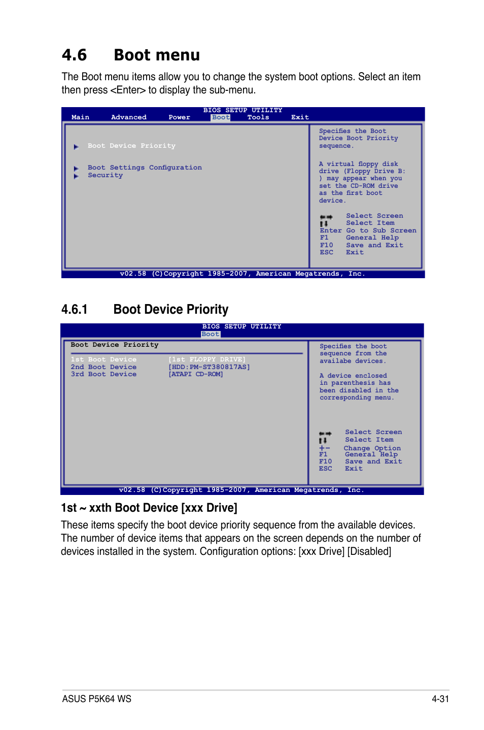 6 boot menu, 1 boot device priority, 1st ~ xxth boot device [xxx drive | Asus P5K64 WS User Manual | Page 95 / 164