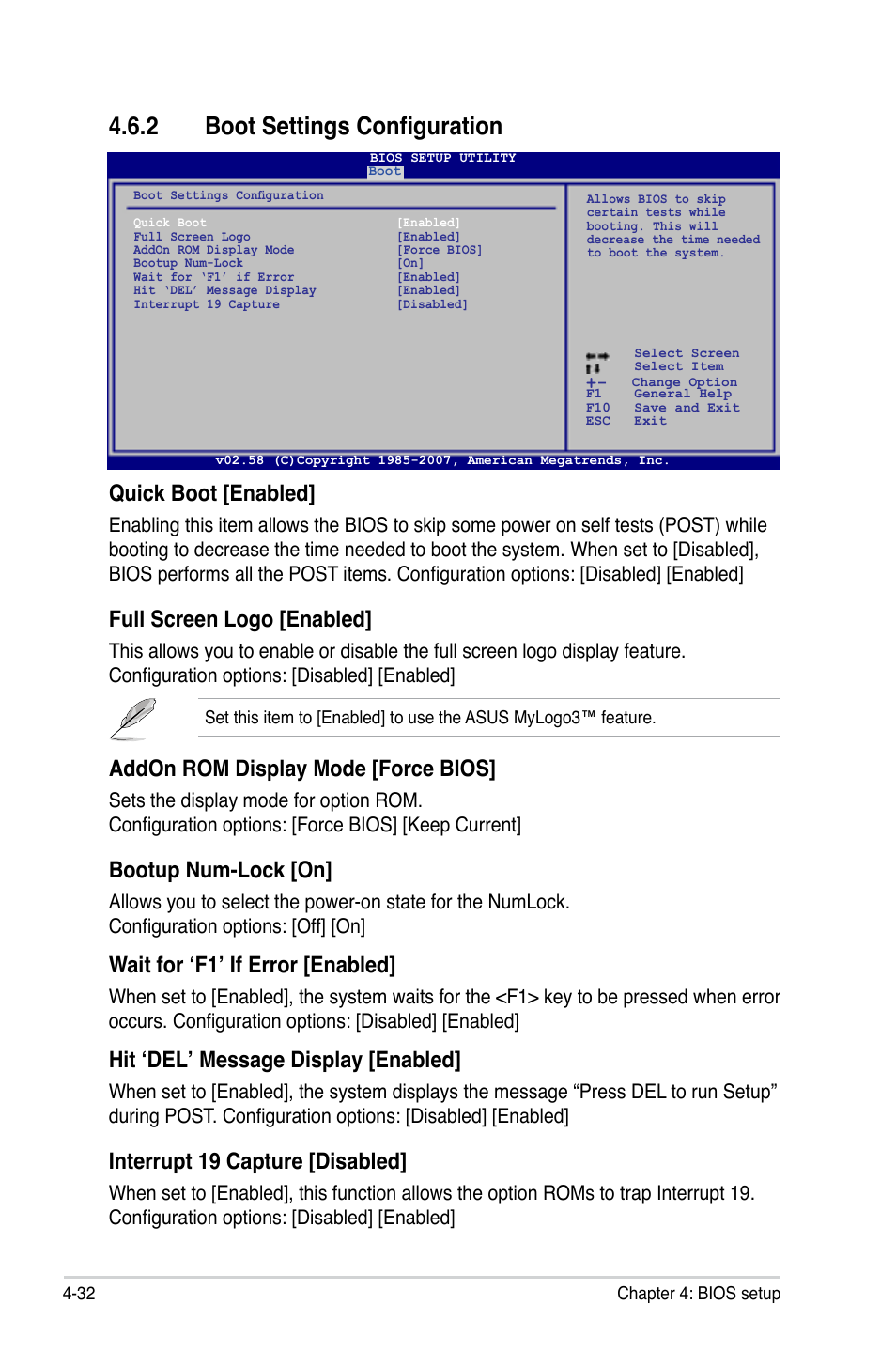 2 boot settings configuration, Quick boot [enabled, Full screen logo [enabled | Addon rom display mode [force bios, Bootup num-lock [on, Wait for ‘f1’ if error [enabled, Hit ‘del’ message display [enabled, Interrupt 19 capture [disabled | Asus P5K64 WS User Manual | Page 96 / 164