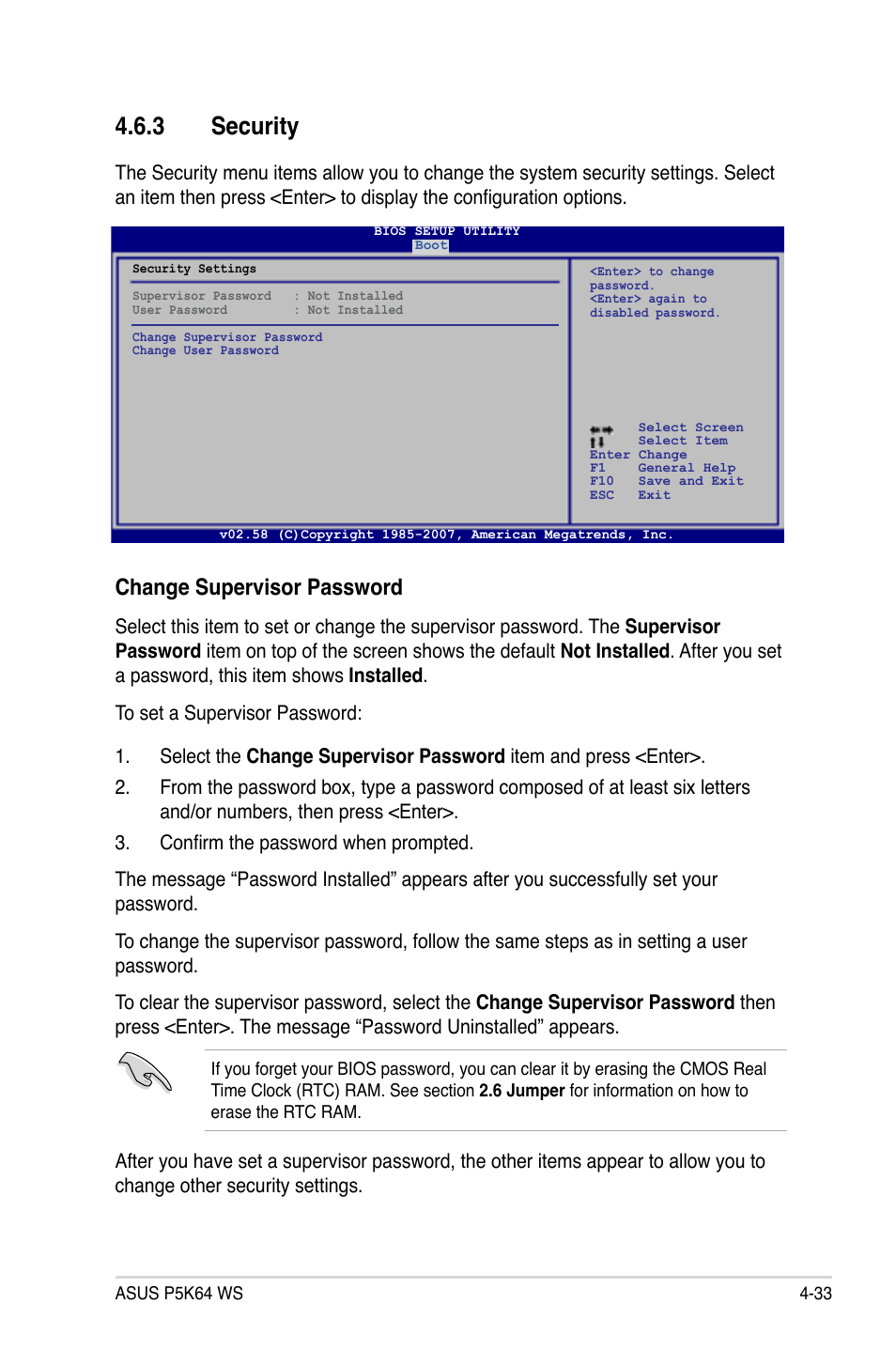 3 security, Change supervisor password | Asus P5K64 WS User Manual | Page 97 / 164