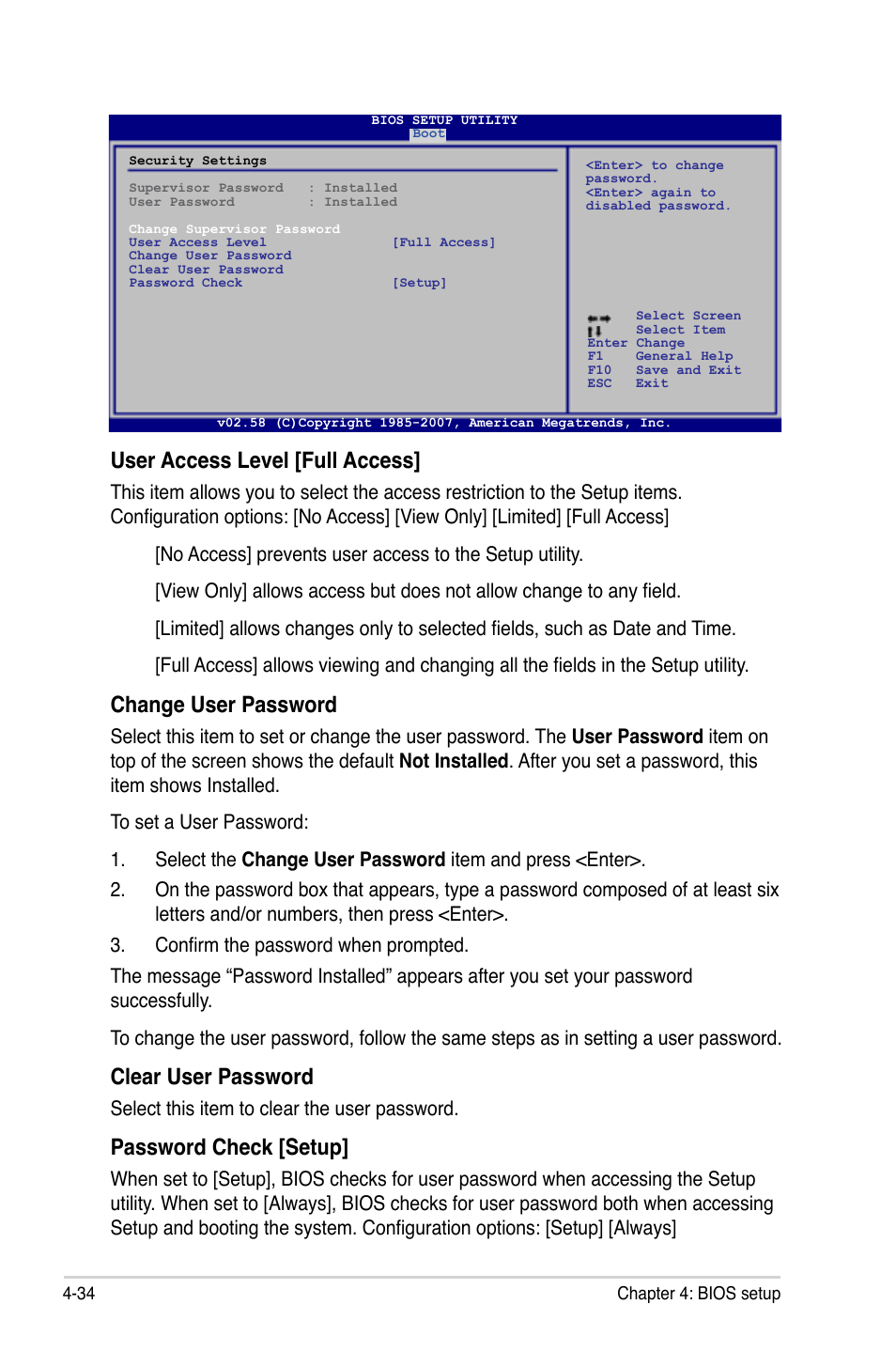 User access level [full access, Change user password, Clear user password | Password check [setup, Select this item to clear the user password | Asus P5K64 WS User Manual | Page 98 / 164