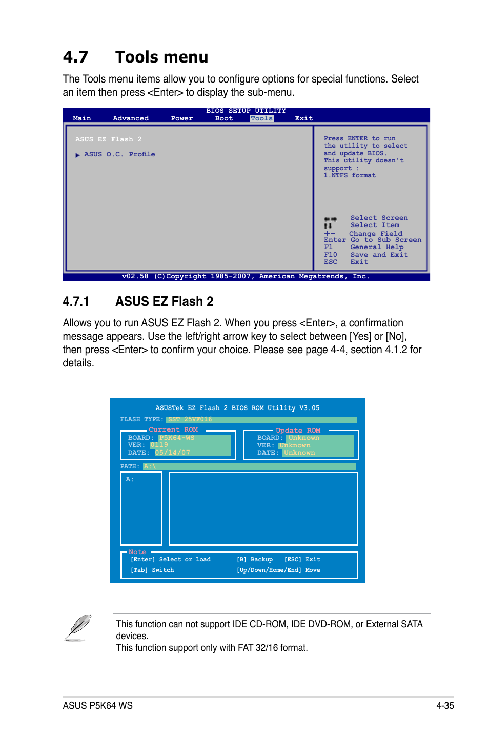 7 tools menu, 1 asus ez flash 2 | Asus P5K64 WS User Manual | Page 99 / 164